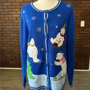 Blue Polar‎ Bear Holiday Cardigan Embroidered Button Front Women’s L 12-14